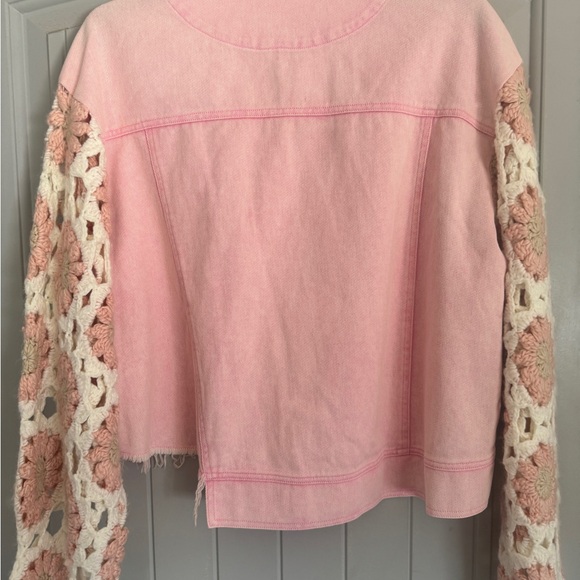 BIBI Pink Washed Denim Jacket Crochet Granny Square Sleeves Boho Cowgirl SZ SM - Picture 7 of 16